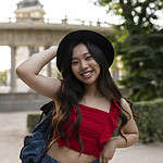 asian woman backpacker traveler japanese woman with hat traveling in europe