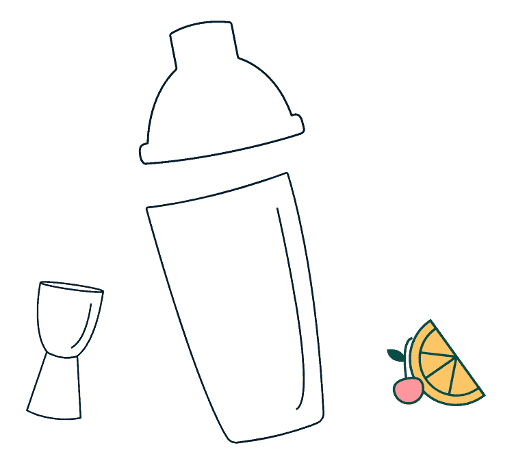 cocktail shaker, jigger and orange slice with a cherry icon